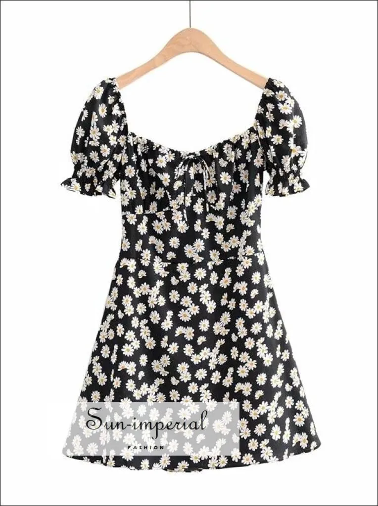 Green - Women Square Neck Floral Print Mini Dress with Puff Sleeve