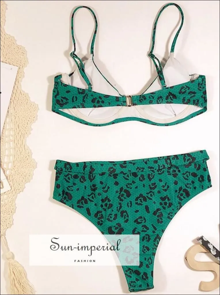 High Waist Bikini Belt bottom Swimsuit Women Leopard Print Bikini Set Swimwear - Green Leopard
